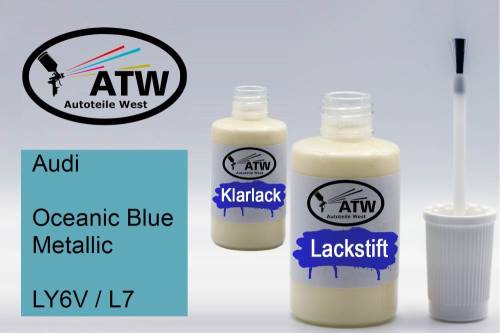 Audi, Oceanic Blue Metallic, LY6V / L7: 20ml Lackstift + 20ml Klarlack - Set, von ATW Autoteile West.